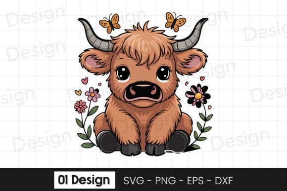 Cute Baby Highland Cow Floral Graphics for Crafts